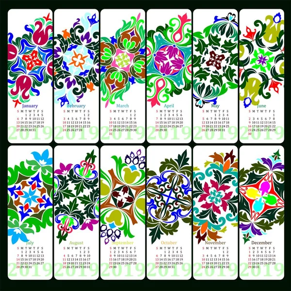 Calendário Para 2019 Ano Elementos Decorativos Mandala Semana Começa Domingo — Vetor de Stock