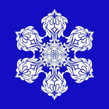 Üzerinde mavi arka plan izole Soyut Beyaz kar taneleri ile düz tasarım. Kar taneleri mandala vektör. Vektör çizim.