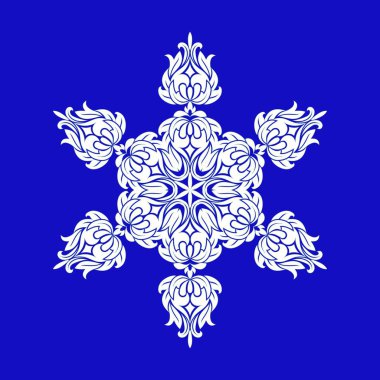 Üzerinde mavi arka plan izole Soyut Beyaz kar taneleri ile düz tasarım. Kar taneleri mandala vektör. Vektör çizim.