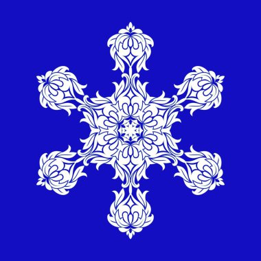 Üzerinde mavi arka plan izole Soyut Beyaz kar taneleri ile düz tasarım. Kar taneleri mandala vektör. Vektör çizim.