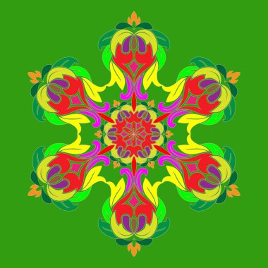 Yeşil arka plan üzerinde izole soyut çok renkli kar taneleri ile düz tasarım. Kar taneleri mandala vektör. Vektör çizim.