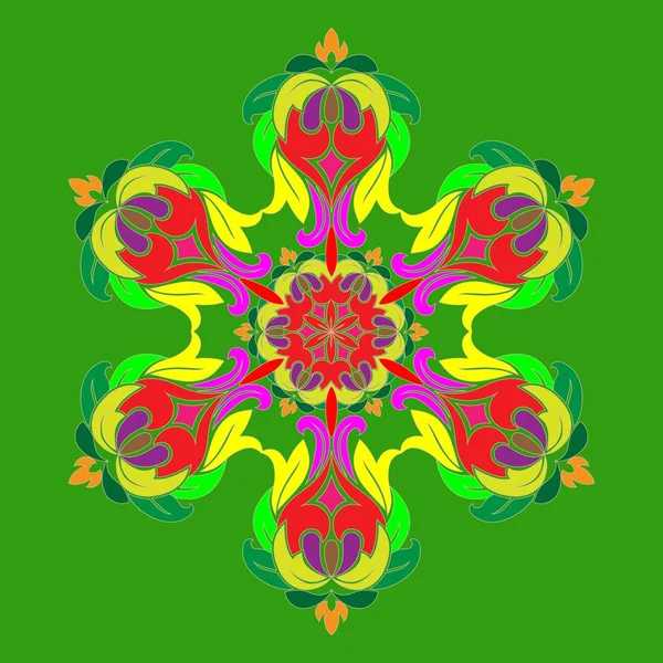 Yeşil arka plan üzerinde izole soyut çok renkli kar taneleri ile düz tasarım. Kar taneleri mandala vektör. Vektör çizim.