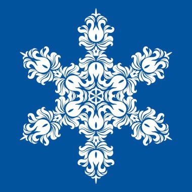 Kar tanesi - Mandala mavi zemin üzerine beyaz renkte. Süsleme için Noel son yeni yıl kartı kış tasarım.