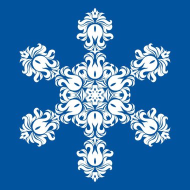 Kar tanesi - Mandala mavi zemin üzerine beyaz renkte. Süsleme için Noel son yeni yıl kartı kış tasarım.