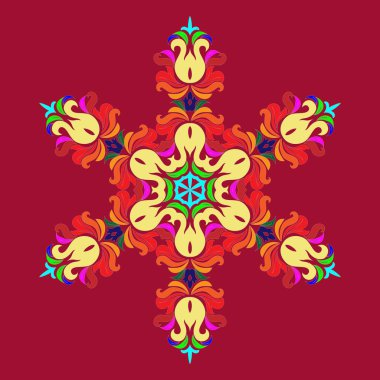 Kar tanesi - Mandala şakacı kırmızı zemin üzerine. Süsleme için Noel son yeni yıl kartı kış tasarım.