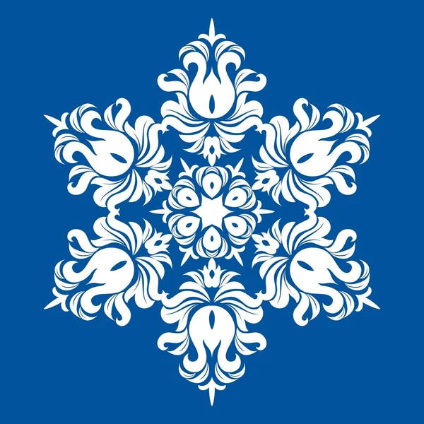 Kar tanesi - Mandala mavi zemin üzerine beyaz renkte. Süsleme için Noel son yeni yıl kartı kış tasarım.
