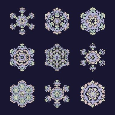 Vektör illüstrasyon izole. Soyut çiçek dekor. Süslü altı köşeli yıldız veya mandala vintage motifleri ile. Böyle moda renkler şakacı kırmızı, preslenmiş Rose, tatlı mısır kullanılan