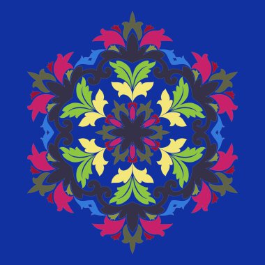 Vektör illüstrasyon izole. Soyut çiçek dekor. Süslü altı köşeli yıldız veya mandala vintage motifleri ile. Böyle moda renkler şakacı kırmızı, preslenmiş Rose, tatlı mısır kullanılan