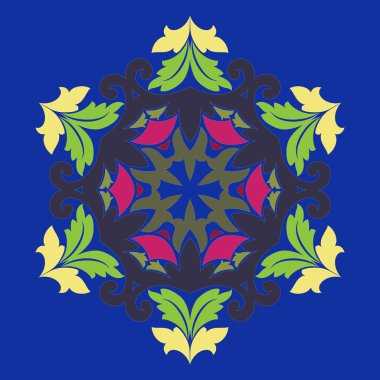 Vektör illüstrasyon izole. Soyut çiçek dekor. Süslü altı köşeli yıldız veya mandala vintage motifleri ile. Böyle moda renkler şakacı kırmızı, preslenmiş Rose, tatlı mısır kullanılan