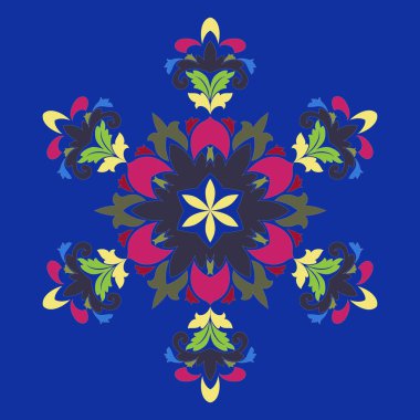 Vektör illüstrasyon izole. Soyut çiçek dekor. Süslü altı köşeli yıldız veya mandala vintage motifleri ile. Böyle moda renkler şakacı kırmızı, preslenmiş Rose, tatlı mısır kullanılan