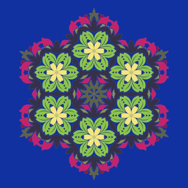 Vektör illüstrasyon izole. Soyut çiçek dekor. Süslü altı köşeli yıldız veya mandala vintage motifleri ile. Böyle moda renkler şakacı kırmızı, preslenmiş Rose, tatlı mısır kullanılan