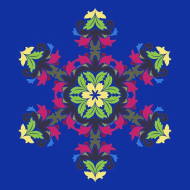 Vektör illüstrasyon izole. Soyut çiçek dekor. Süslü altı köşeli yıldız veya mandala vintage motifleri ile. Böyle moda renkler şakacı kırmızı, preslenmiş Rose, tatlı mısır kullanılan