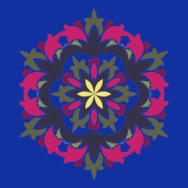 Vektör illüstrasyon izole. Soyut çiçek dekor. Süslü altı köşeli yıldız veya mandala vintage motifleri ile. Böyle moda renkler şakacı kırmızı, preslenmiş Rose, tatlı mısır kullanılan