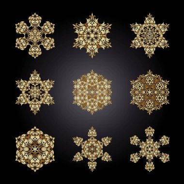 Altın süsleme öğesi bir mandala şeklinde. Antik mandalalar, mandala unsurları. Mandala, koyu arka plan üzerinde vektör çizim ile oryantal desen