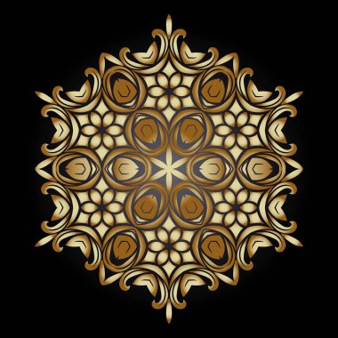 Altın süsleme öğesi bir mandala şeklinde. Antik mandalalar, mandala unsurları. Mandala, koyu arka plan üzerinde vektör çizim ile oryantal desen