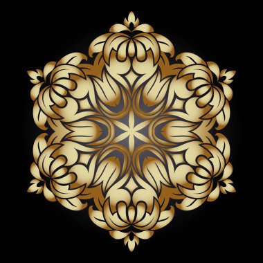 Altın süsleme öğesi bir mandala şeklinde. Antik mandalalar, mandala unsurları. Mandala, koyu arka plan üzerinde vektör çizim ile oryantal desen