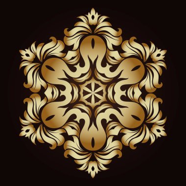 Altın süsleme öğesi bir mandala şeklinde. Antik mandalalar, mandala unsurları. Mandala, koyu arka plan üzerinde vektör çizim ile oryantal desen