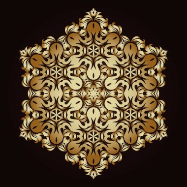 Altın süsleme öğesi bir mandala şeklinde. Antik mandalalar, mandala unsurları. Mandala, koyu arka plan üzerinde vektör çizim ile oryantal desen
