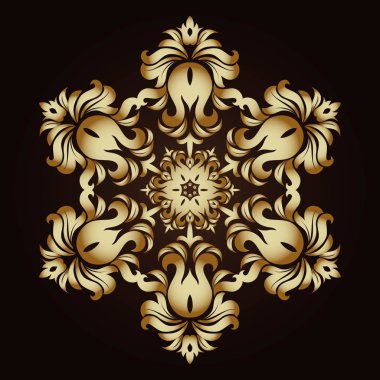 Altın süsleme öğesi bir mandala şeklinde. Antik mandalalar, mandala unsurları. Mandala, koyu arka plan üzerinde vektör çizim ile oryantal desen