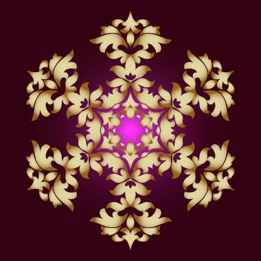 Altın süsleme öğesi bir mandala şeklinde. Antik mandalalar, mandala unsurları. Mandala, koyu arka plan üzerinde vektör çizim ile oryantal desen