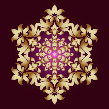 Altın süsleme öğesi bir mandala şeklinde. Antik mandalalar, mandala unsurları. Mandala, koyu arka plan üzerinde vektör çizim ile oryantal desen