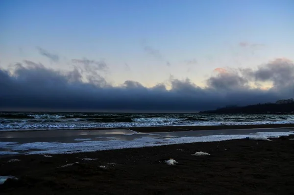 Sirályok Pihenő Végén Hullámtörő Vagy Tengeri Mólóval Rendelkezik Seascape Téli — Stock Fotó