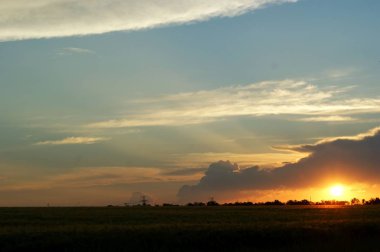 Gün batımı arka planda buğday tarlası. Büyük bir bulutun yakınında.