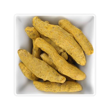 Zerdeçal beyaz arka plan üzerinde kare kase kuru