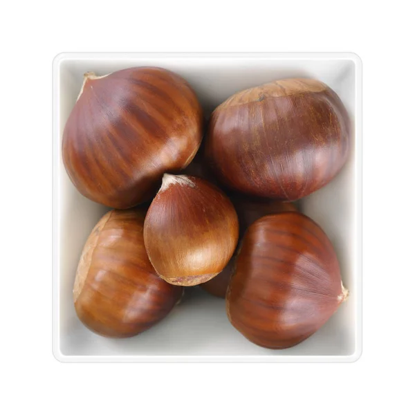 Castagne Ciotola Quadrata Sfondo Bianco — Foto Stock