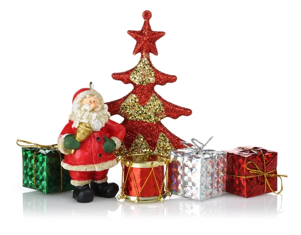 Santa Staande Met Rode Kerstboom Geschenkdozen Speelgoed Trommel Kerst Ornamenten — Stockfoto