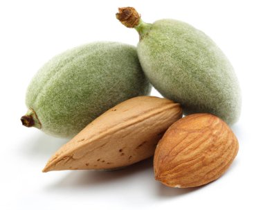 Beyaz arka plan üzerinde izole taze yeşil badem. Makro, stüdyo vurdu.