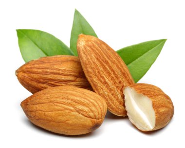 Beyaz arka plan üzerinde izole yaprakları ile badem. Makro, stüdyo vurdu.