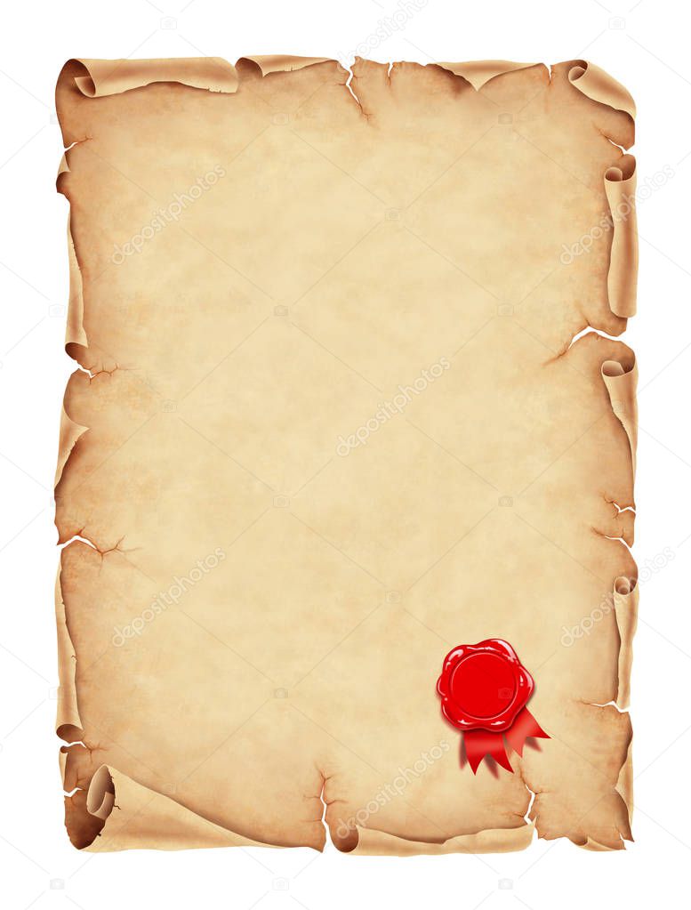 Old parchment paper with red wax sealillustration, digital painting