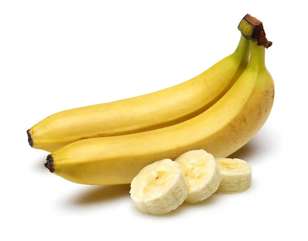 Krájené Celé Banány Izolovaných Bílém Pozadí Studio Záběr — Stock fotografie