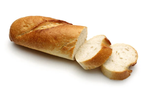 Pão Francês Baguete Com Fatias Isoladas Sobre Fundo Branco Estúdio — Fotografia de Stock