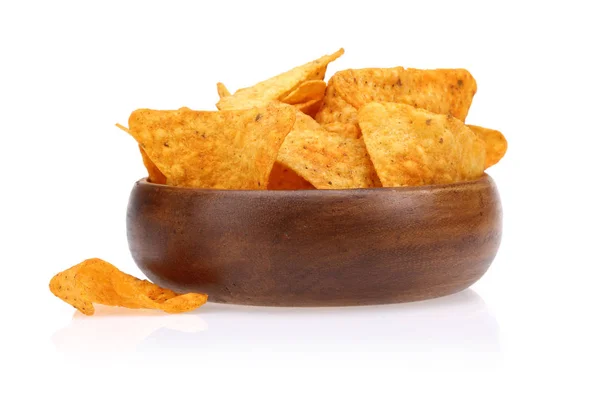 Mais Chips Holzschale Isoliert Auf Weißem Hintergrund — Stockfoto
