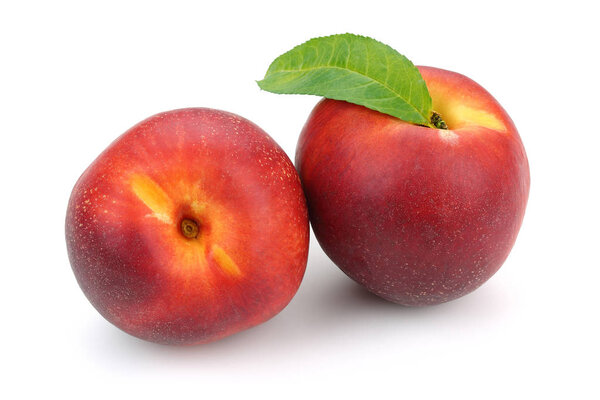 Nectarine peaches with leaf isolated on white background