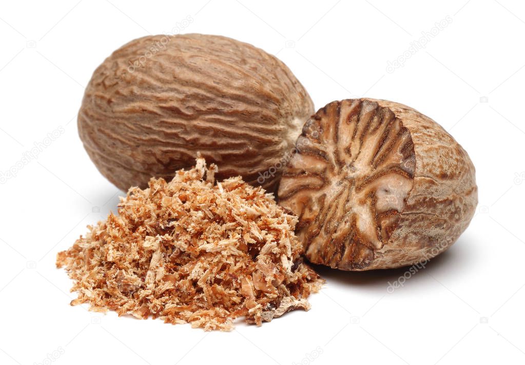 Nutmeg and nutmeg granules isolated on white background