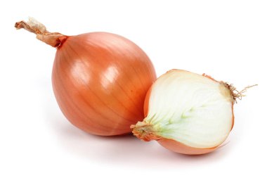 Whole and half onions isolated on white background