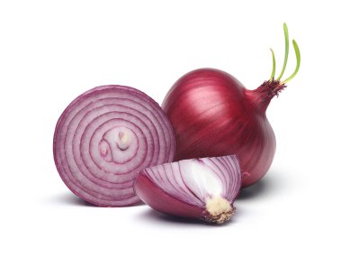 Red onion and slices with green sprout isolated on white background clipart