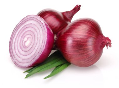 Red onion and slices with green leaves isolated on white background clipart