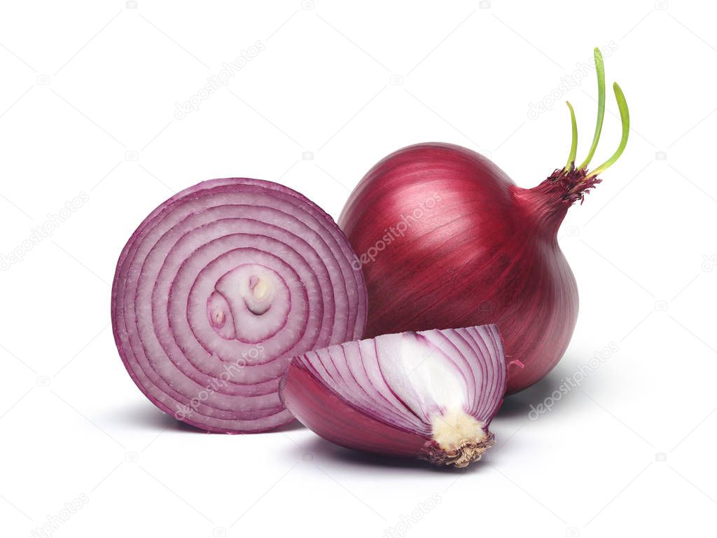 Red onion and slices with green sprout isolated on white background