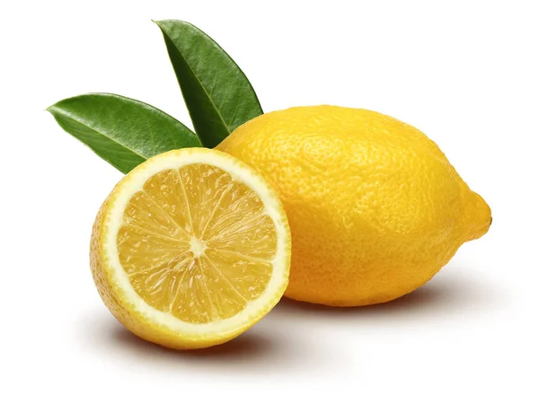 Frutas Limão Frescas Com Folhas Isoladas Fundo Branco — Fotografia de Stock