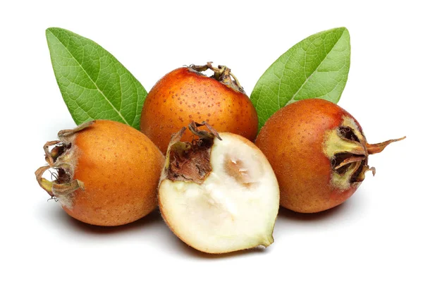 Medlar Frukt Med Gröna Blad Isolerad Vit Bakgrund — Stockfoto