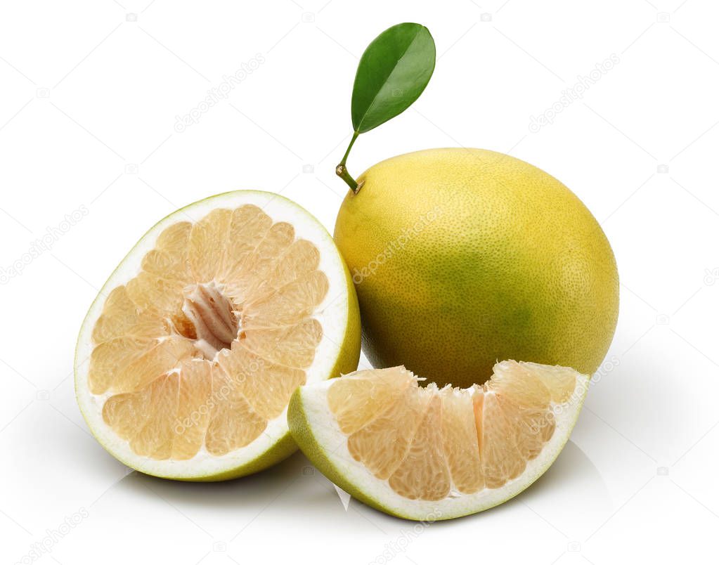 Pomelo fruit and slice with leaf isolated on white background