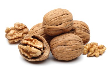 Ceviz ve ceviz, beyaz arka planda izole edilmiş.