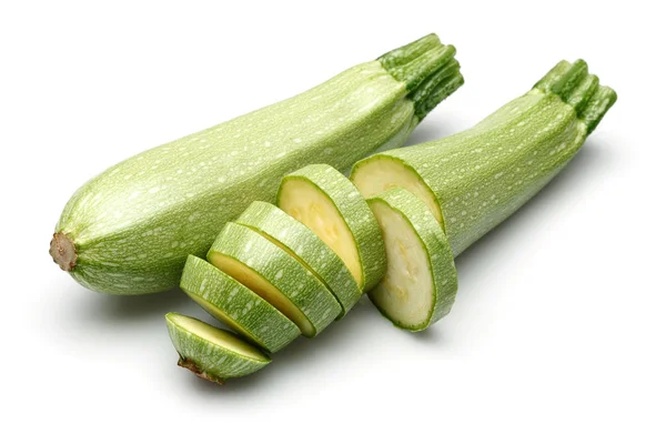 Courgettes Fraîches Avec Tranches Isolées Sur Fond Blanc — Photo