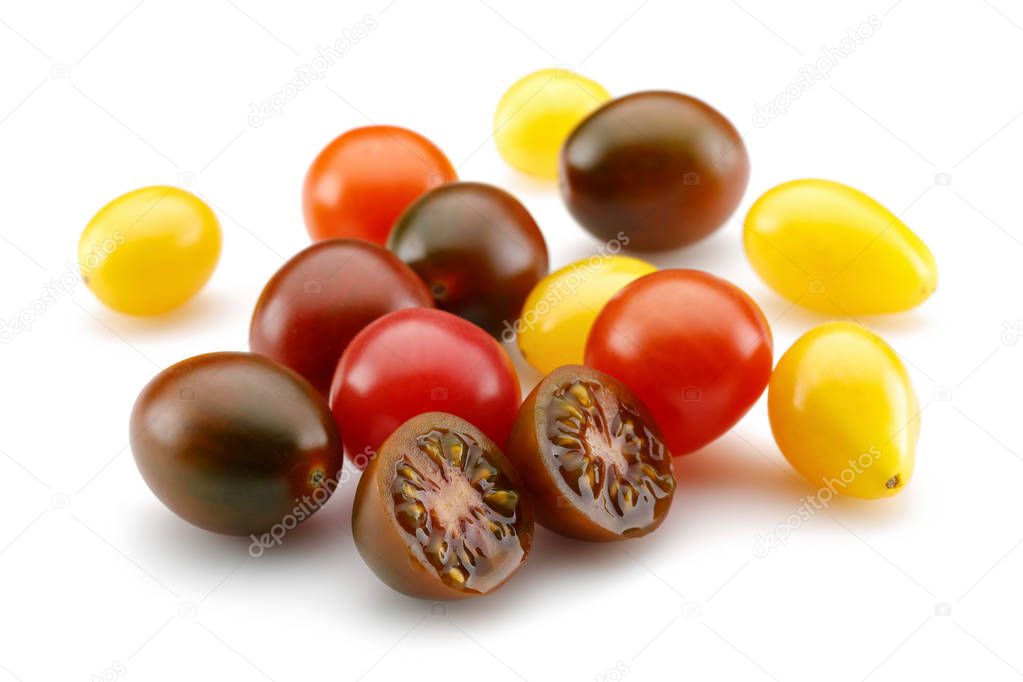 Assorted colours cherry tomatoes, isolated on white background