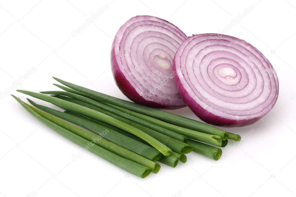 Red Onion and Fresh Scallion isolated on white background