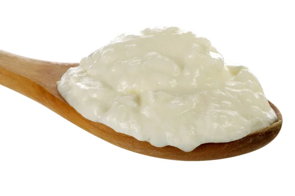 Yoghurt Houten Lepel Geïsoleerd Witte Achtergrond — Stockfoto